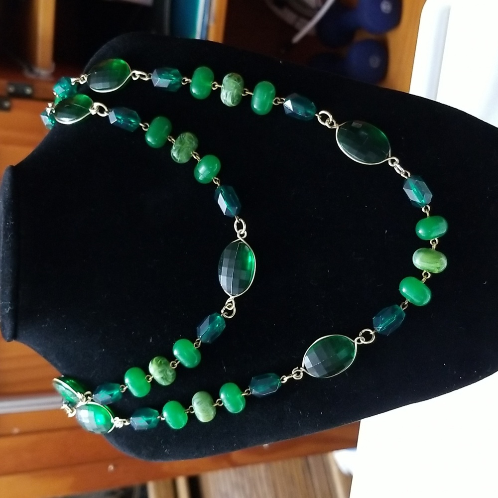 Green multi beaded 50" necklace, not sure if these are green onyx or not.